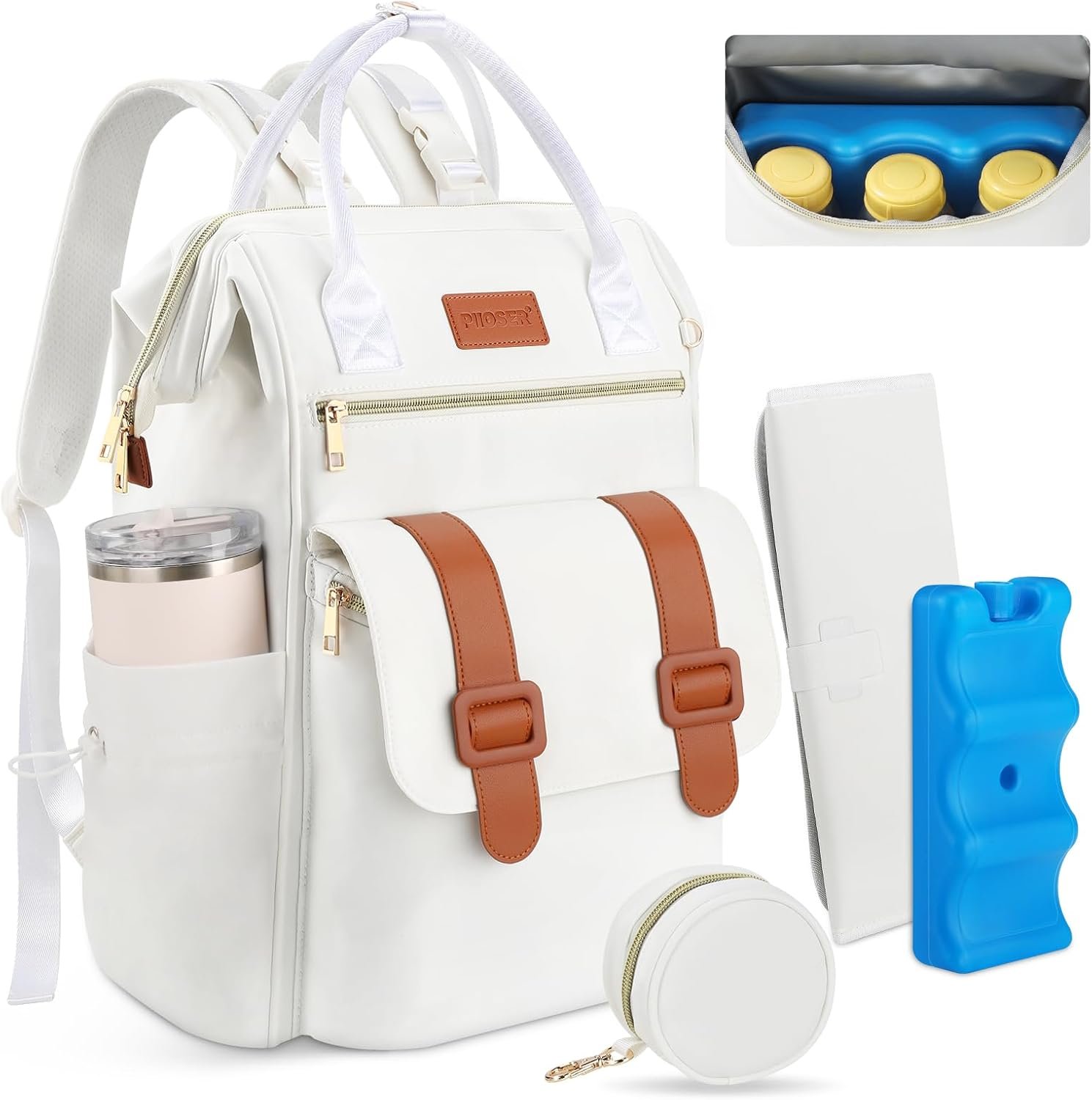 PIIOSER Breast Pump Bag Backpack Compatible with Spectra S1/S2, Hands-Free Pumping Bag with Cooler for Working Moms, Large Capacity & Stylish Diaper Bag Backpack for Travel, Cream