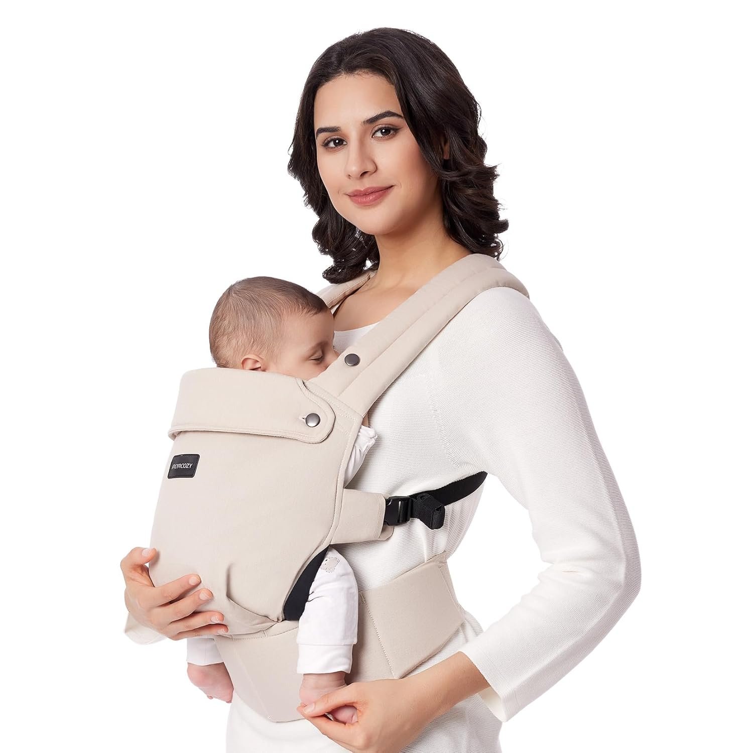 Momcozy PureHug Baby Carrier – Ergonomic, Cozy and Lightweight for 7-45 lbs | Easy to Put On, IHDI Hip-Healthy, 3D EVA Lumbar Support, X-Straps for Even Weight Distribution, 100% Cotton, Khaki