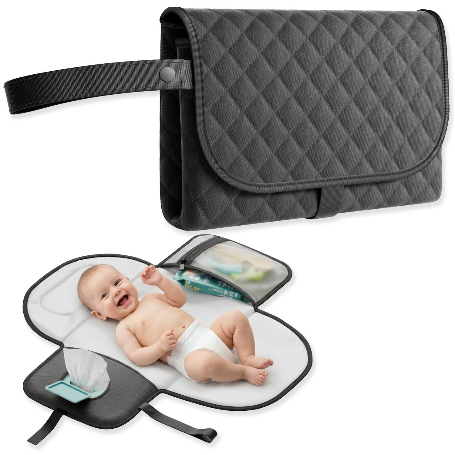 Portable Changing Pad, Baby Diaper Mat for Travel, Black | Water-Resistant • Soft Cushion • Easy Clean • Storage Pocket • Foldable Design