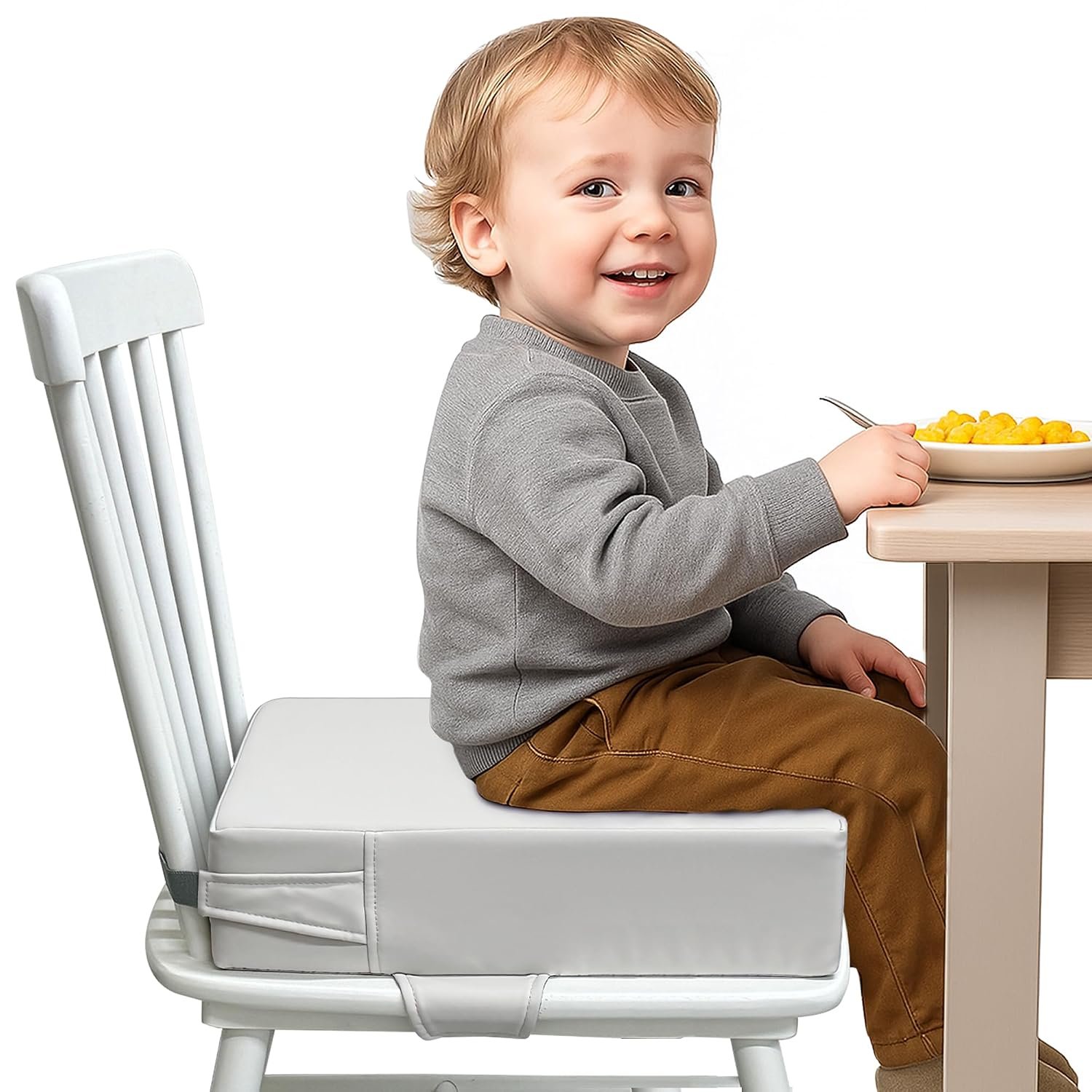 Toddler Booster Seat for Dining Table – PU Washable Cushion with Double Safe Straps, Non-Slip Bottom, Portable Travel Booster Seat for Toddlers (Grey)