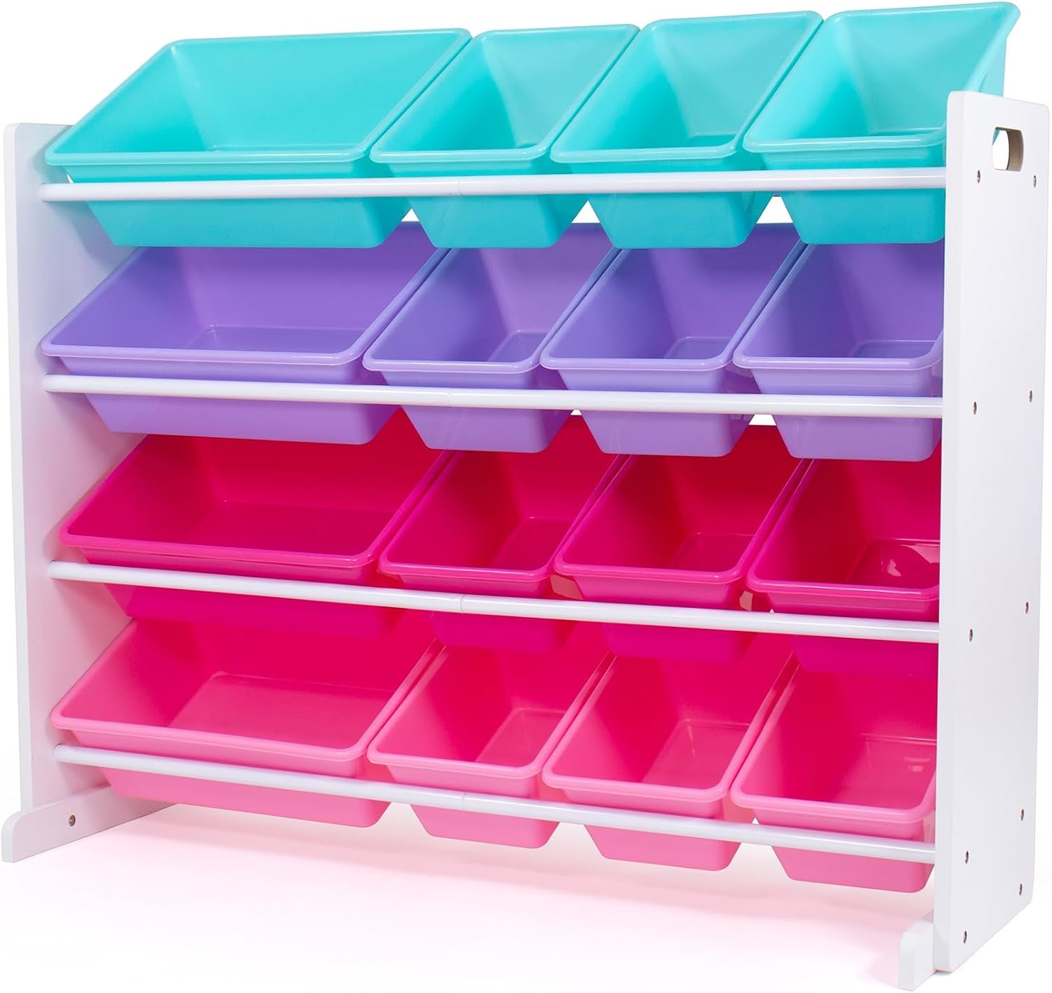 Humble Crew Kids Toy Organizer with 16 Bins, 4 Tier Storage for Playroom | Sturdy wood and steel toddler shelf, removable BPA-free containers, wall anchor anti-tip safety kit for bedroom or classroom