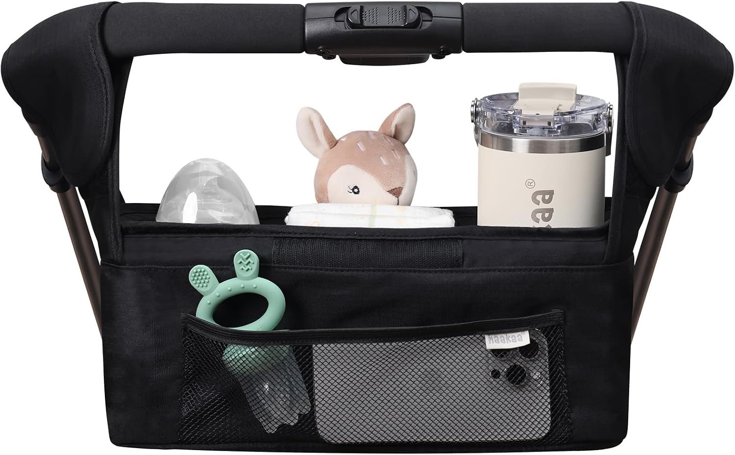 haakaa Stroll & Go Organiser with 2 Insulated Cup Holder – Black, Ultimate Stroller Organizer Universal Fit with Adjustable Non-Slip Straps & Hooks, Stroller Caddy Accessories with Shoulder Strap