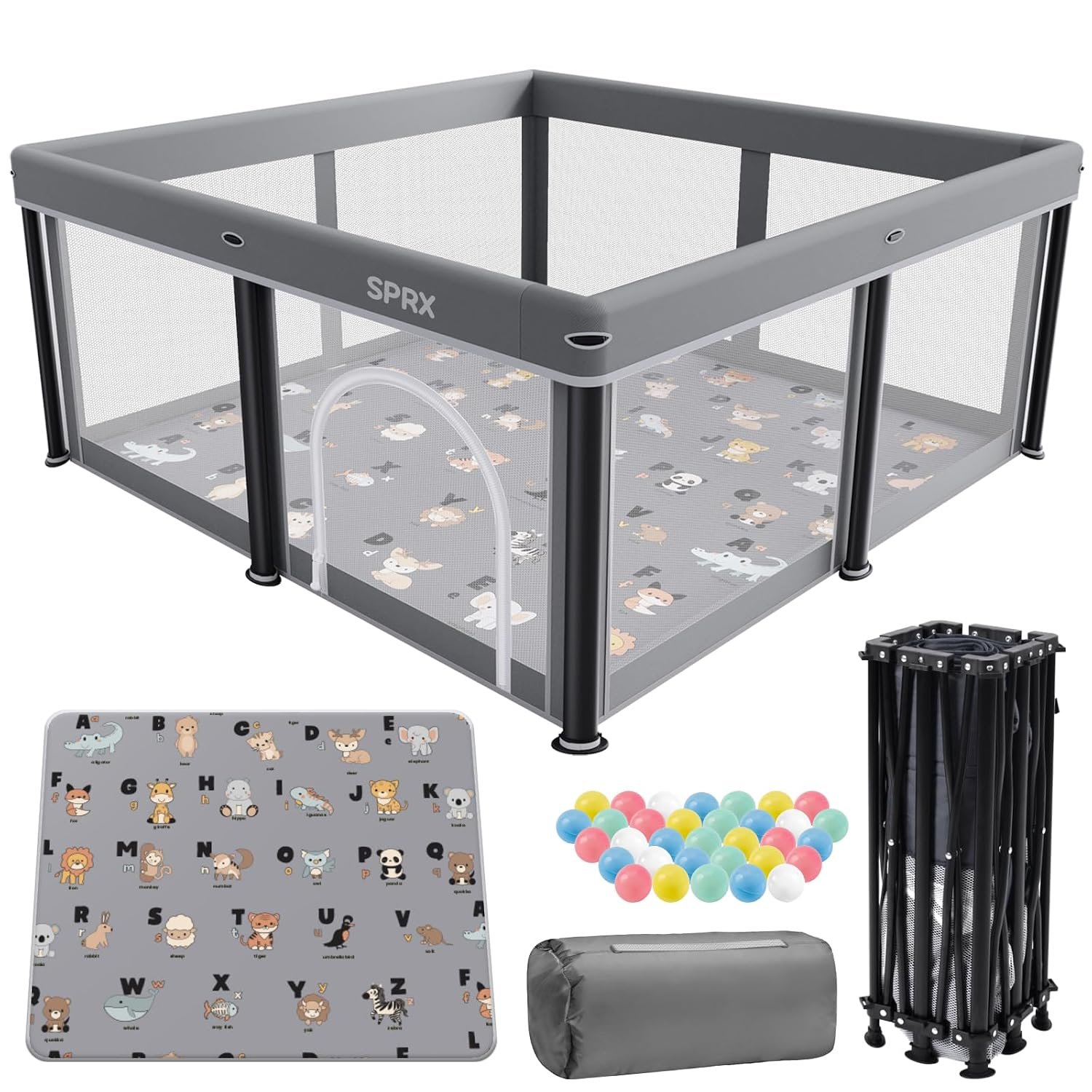 Foldable Baby Playpen with Mat,50″×50″ Collapsible Playard for Babies and Toddlers,Indoor&Outdoor Kids Safety Play Pen,Portable Travel Playpen ‌with Travel Pack and 50 Ocean Balls