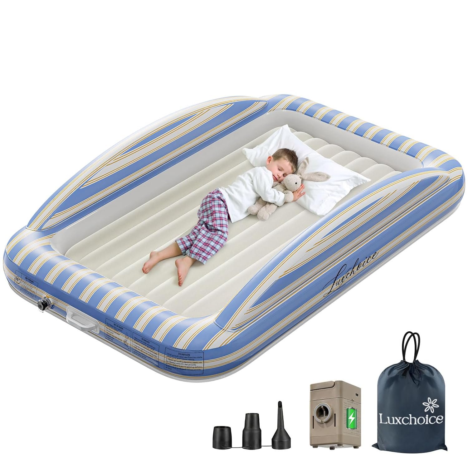 Luxchoice Inflatable Toddler Travel Bed Toddler Blow up Mattress with Pump | Kids Travel Bed Safety Rails Toddler Inflatable Bed Camping Sleepovers Portable Toddler Bed Travel kids inflatable bed 2 Mins