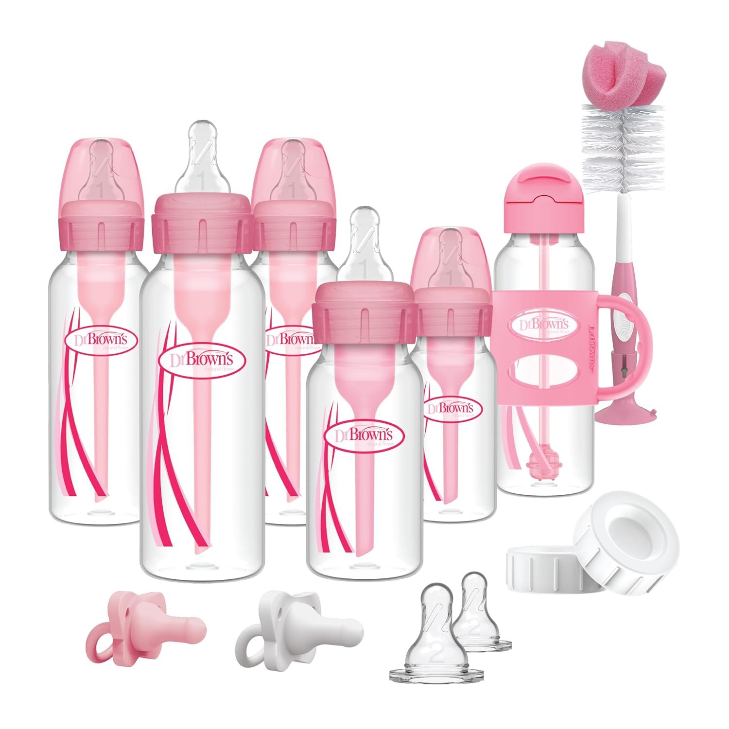 Dr. Brown’s Anti-Colic Options+ Narrow Bottle Gift Set with Sippy Straw Bottle, HappyPaci Silicone Pacifiers, Storage/Travel Caps, and Bottle Brush, Pink