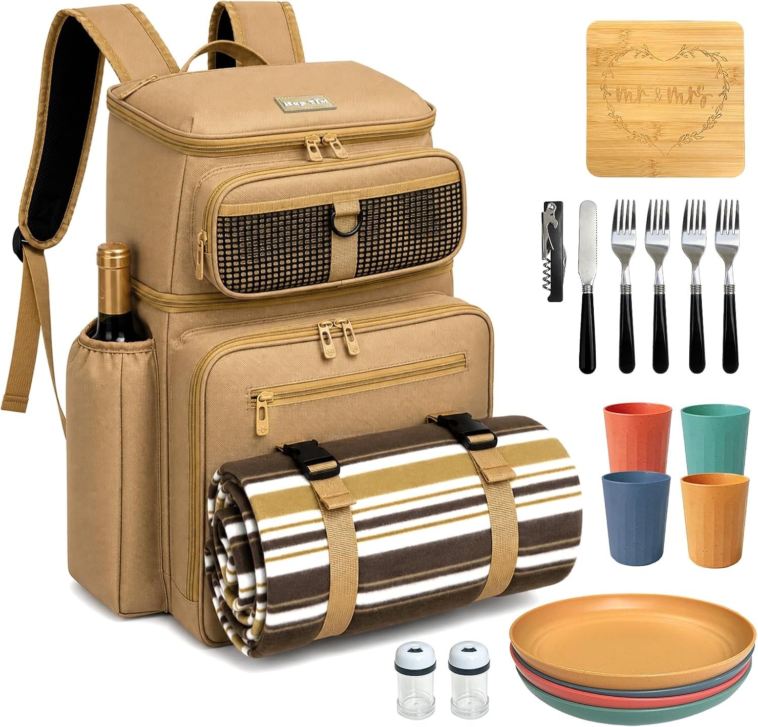 Hap Tim Large Picnic Basket Backpack for 4 with Insulated Cooler – Dry-Wet Separated, Multi-Pocket Organizer, Gifts for Couples, Wedding, Bridal Showers (TAN)