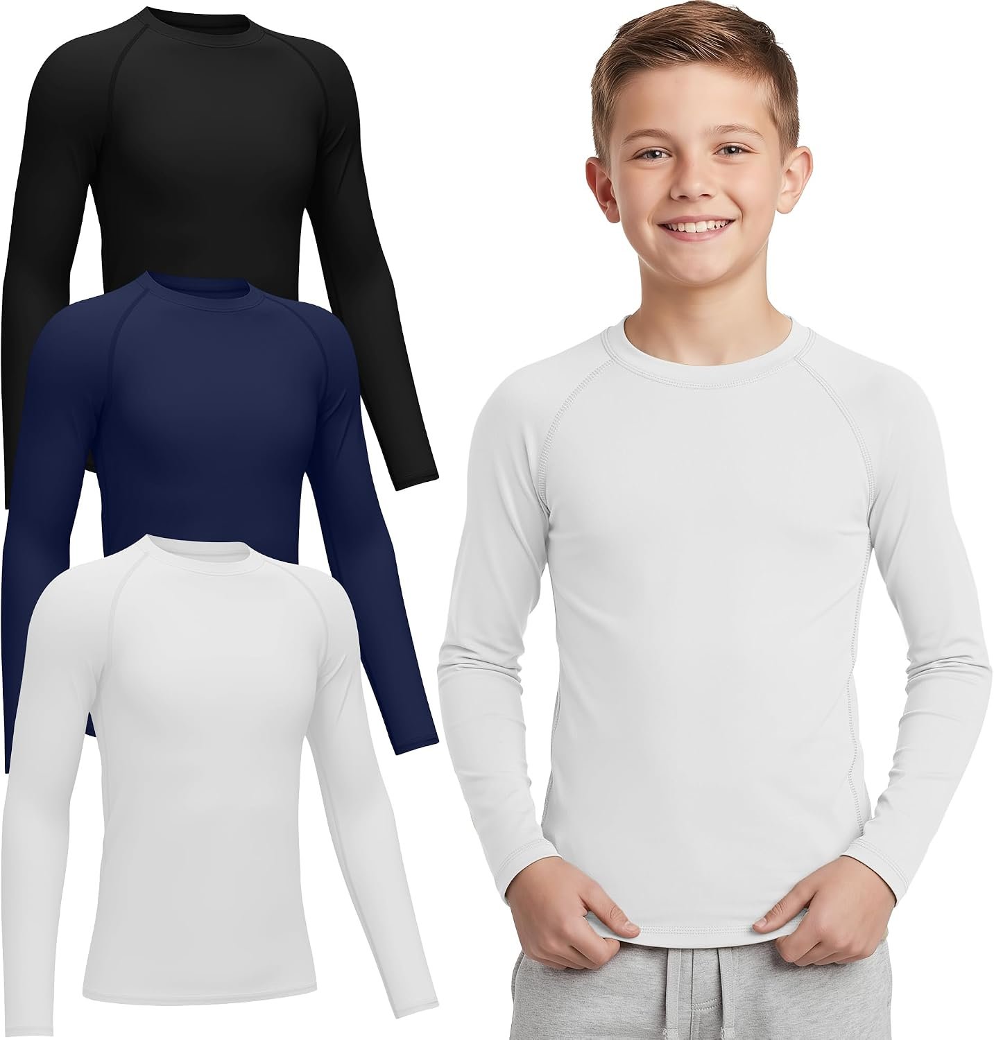 3 Pack Boys’ Compression Long Sleeve Shirts Quick Dry Moisture Wicking Youth Base Layer Baseball Soccer Football
