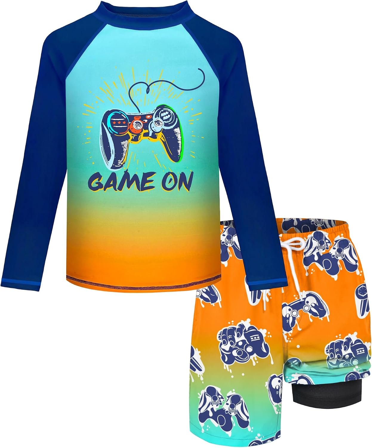 Boys Rash Guard Swim Set with Swim Trunks Bathing Suit Long Sleeve Swim Shirt Quick Dry Swimsuit Kids Swimwear Size 7-16