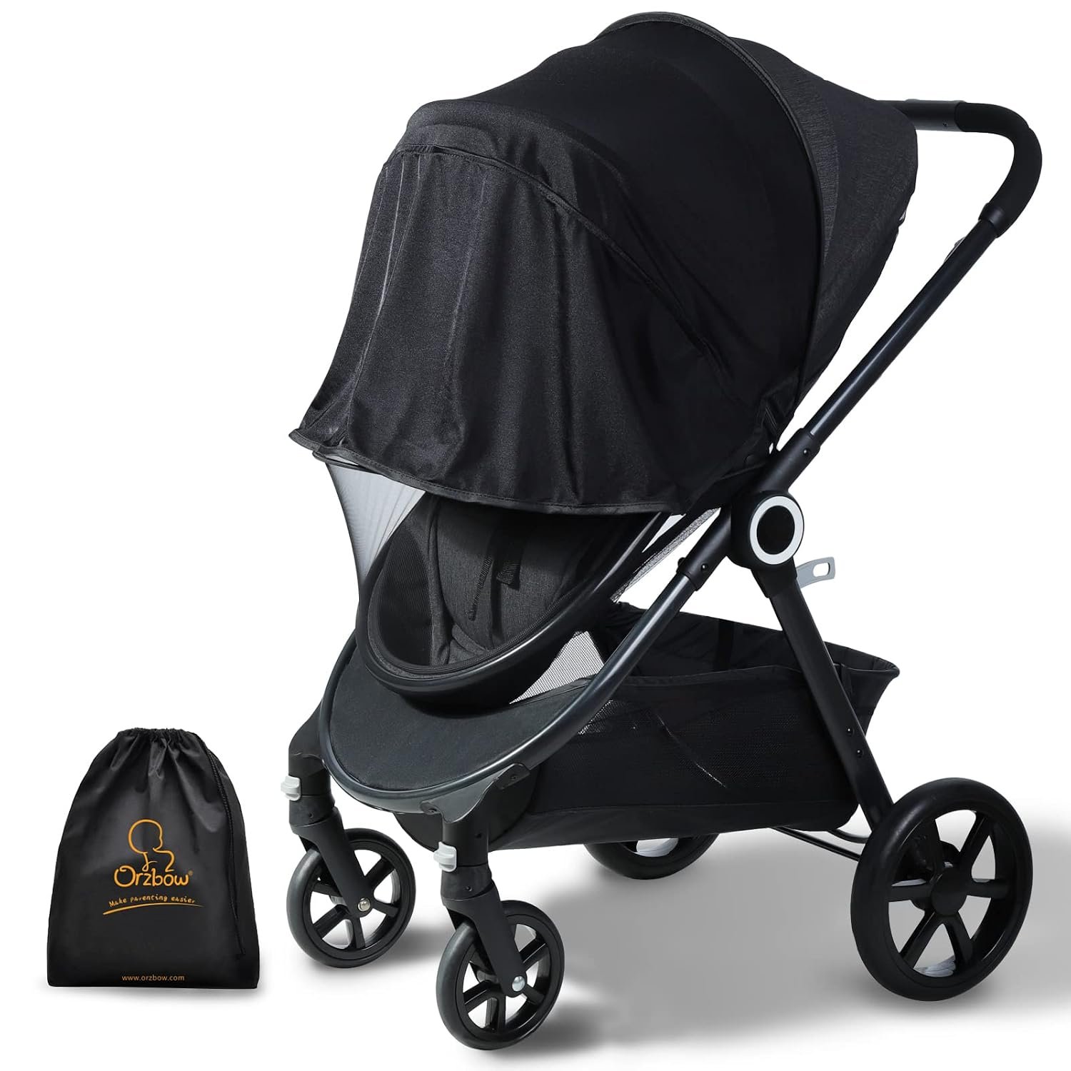 Orzbow Baby Mosquito Net for Stroller with Sun Shade, Breathable, Black | Tear-Resistant Mesh, Insect Barrier w/Travel Bag for Stroller, Car Seat, Bassinet, Cradle, Mini Cribs, Baby Summer Essential