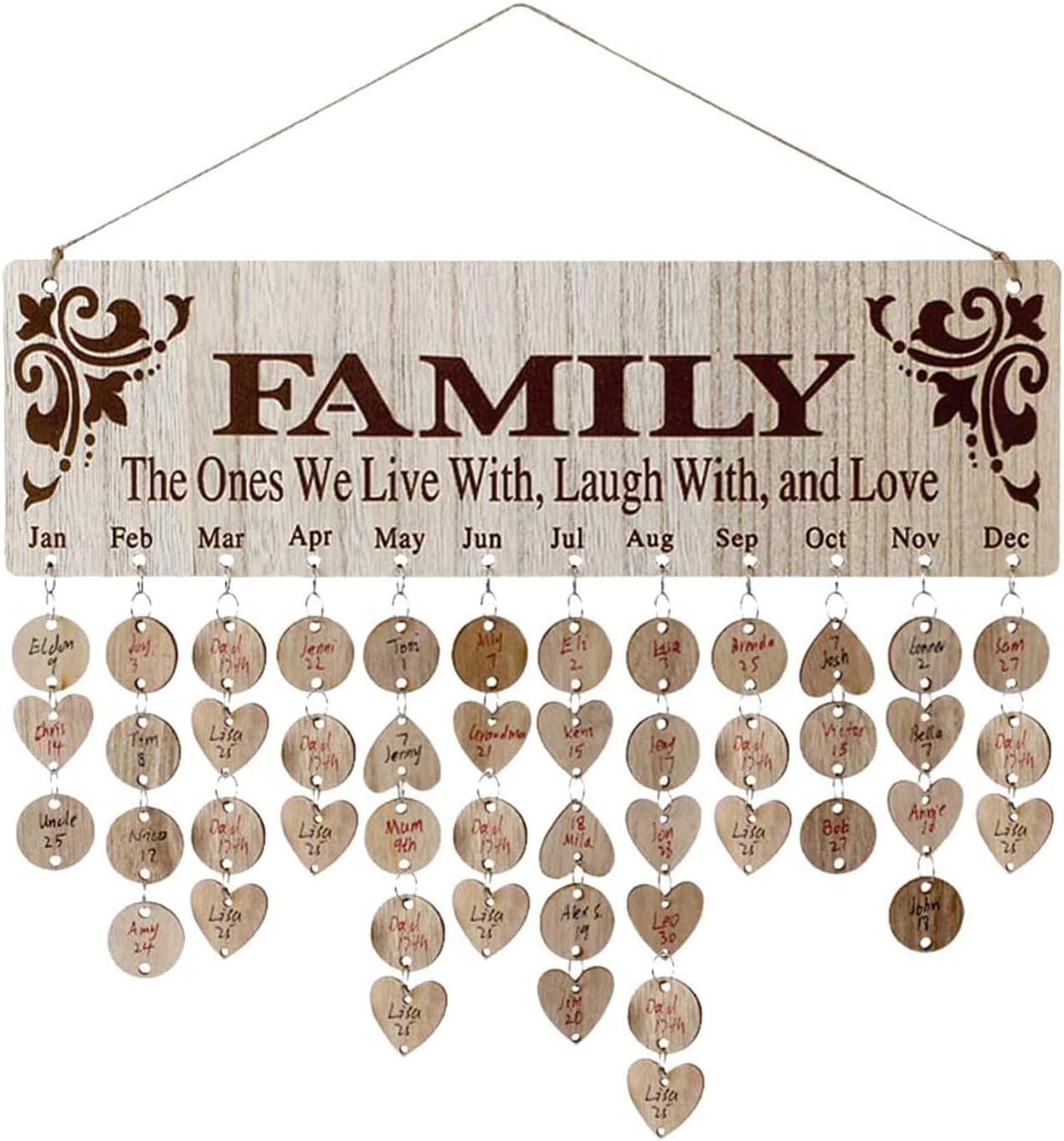 Family Birthday Calendar with Tags – Wooden Wall Hanging Board & Plaque, Family Calendar for Birthdays/Anniversaries, Grandma Gifts & Mothers Day Gifts, Wall Decor Organizer with Customizable Wood Tags