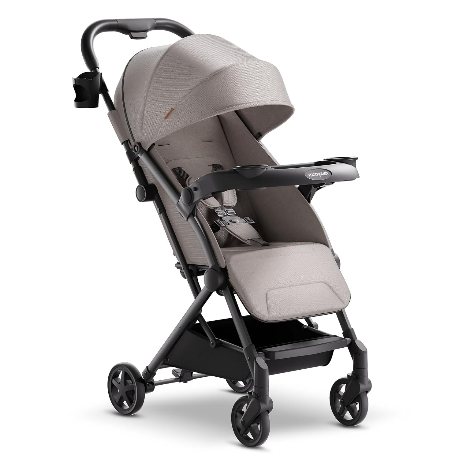 Mompush Lithe V2 Lightweight Travel Stroller, Compact Foldable Baby Stroller with Travel Bag, One-Hand Fold Stroller, Snack Tray, Mechanical Recline Seat, Airplane-Ready, UPF 50+ Canopy & Rain Cover | Compact baby stroller, airplane-ready, one-hand fold, mechanical recline seat, UPF 50+ canopy, travel bag & rain cover