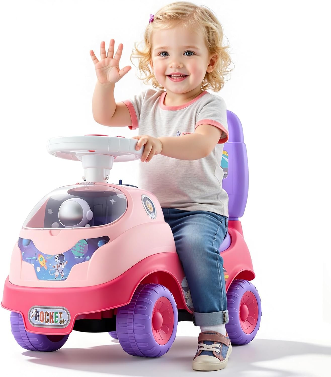 VEVOR Ride On Toddler Push Car, Push Car for Toddler 19 to 36 Months, Kids Ride On Toy with Horn & Music, 48.5 lbs Load Capacity, Under-seat Storage, Foot-to-Floor Walker for Toddlers Boys Girls, Pink