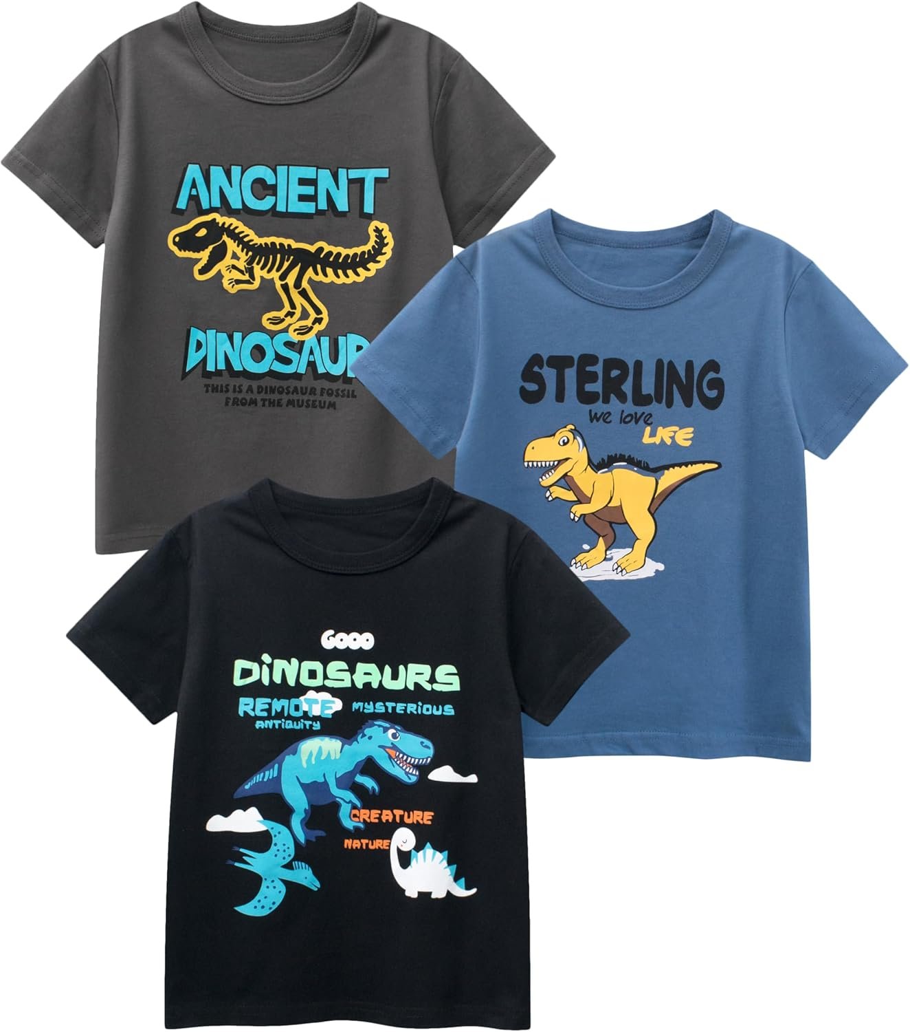 GFQLONG 3 Pack Toddler Boy Graphic Shirts, Dinosaur Short Sleeve Cotton Tshirt, Kids Summer Cars Tees Top Clothes