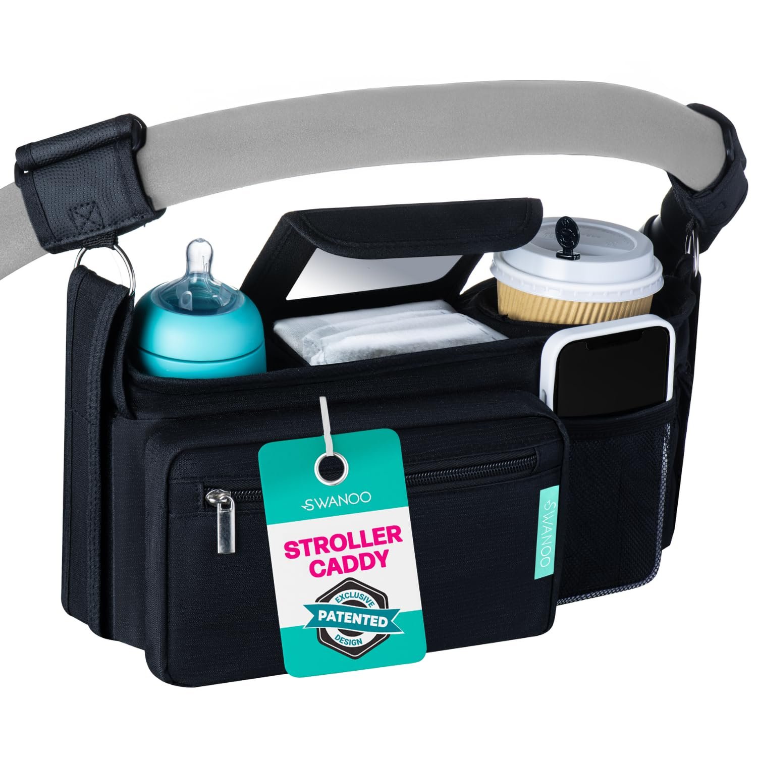 Swanoo Stroller Caddy Organizer, Cup Holder, Wipes Pocket, Non-Slip, Black