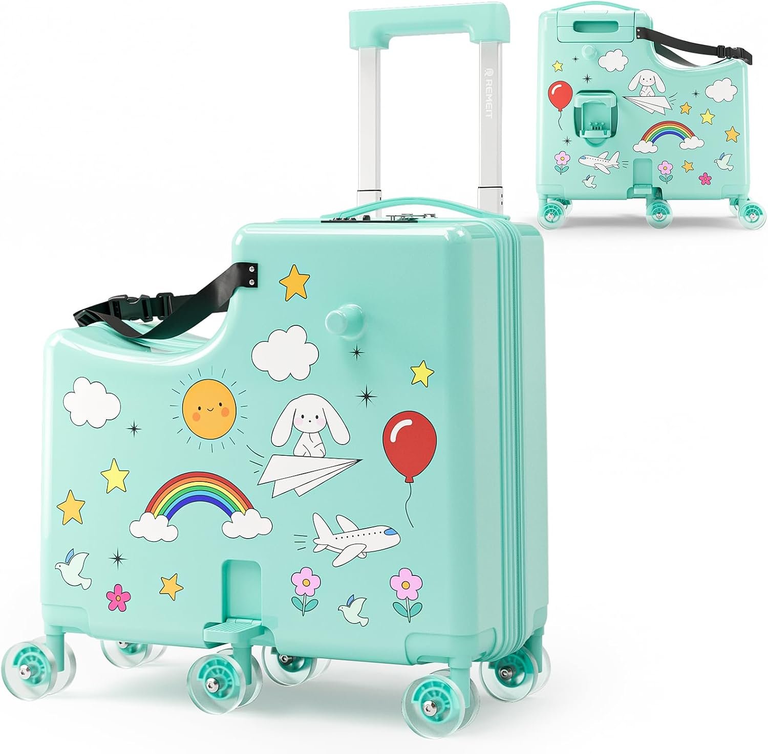 20″ Ride-On Suitcase for Kids, Kids Ride on Luggage with Toddler Seat, 6 Spinner Wheels, TSA Lock, Safety Belt, Foldable Pedal & Cup Holder, Carry on Luggage for Ages 2–7, Green