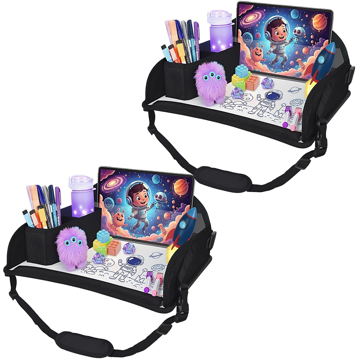 Upgraded Kids Travel Tray for Airplane – Toddler Car Seat Table Tray, Road Trip Essentials for Boys & Girls, Carseat Lap Desk for Kids Road Trip Activities, Black – 2 PCS