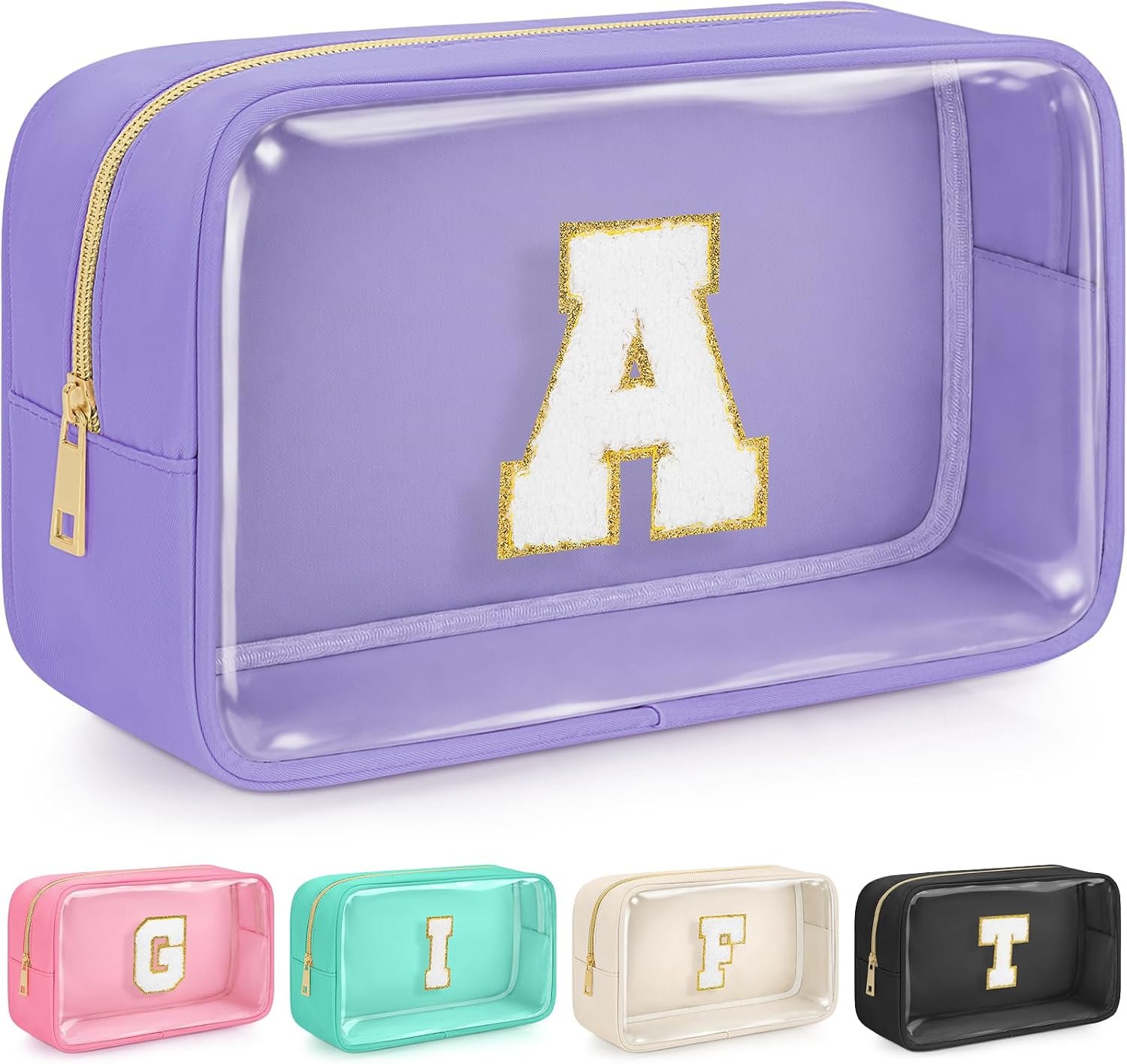 Initial Clear Makeup Bag, Birthday Gift Preppy Chenille Patch Cosmetic Bag, Initial Travel Essentials Beach Toiletry Pouch, Ideal Gift for Teachers & Moms, Women and Girls (Lavender, A)