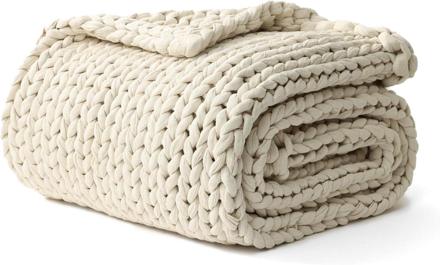 YnM Cotton Weighted Blanket, Handmade Chunky Knitted Design, Soft and Cozy, Temperature Regulating and Breathable, Machine Washable Throw for Sleep or Home Decor (Cream White, 48×72 Inch, 20lbs)