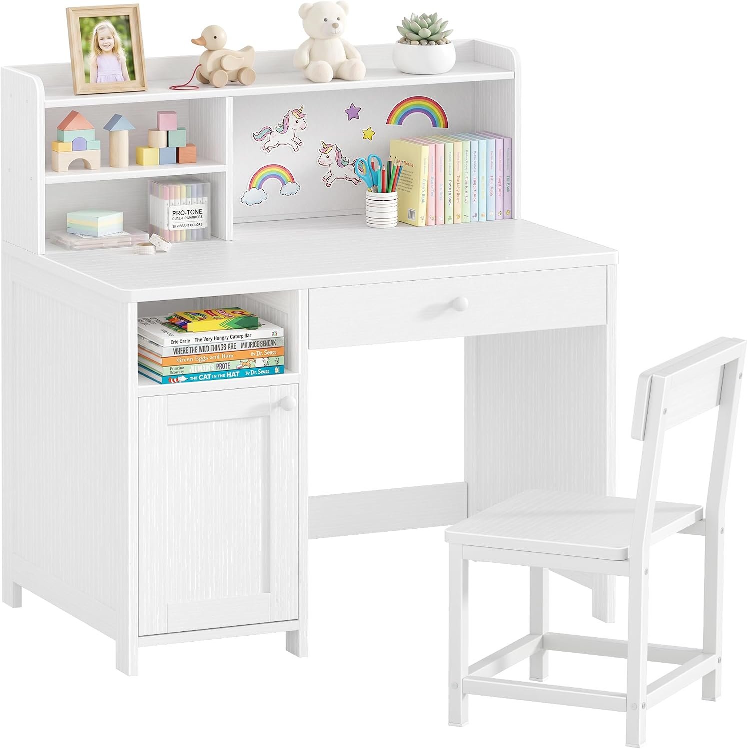 BOLUO Wooden Kids Desk with Storage,White Kids Desk and Chair Set for 8-10 Year Old, Children Study Desk with Drawer and Cabinet Girls Boys