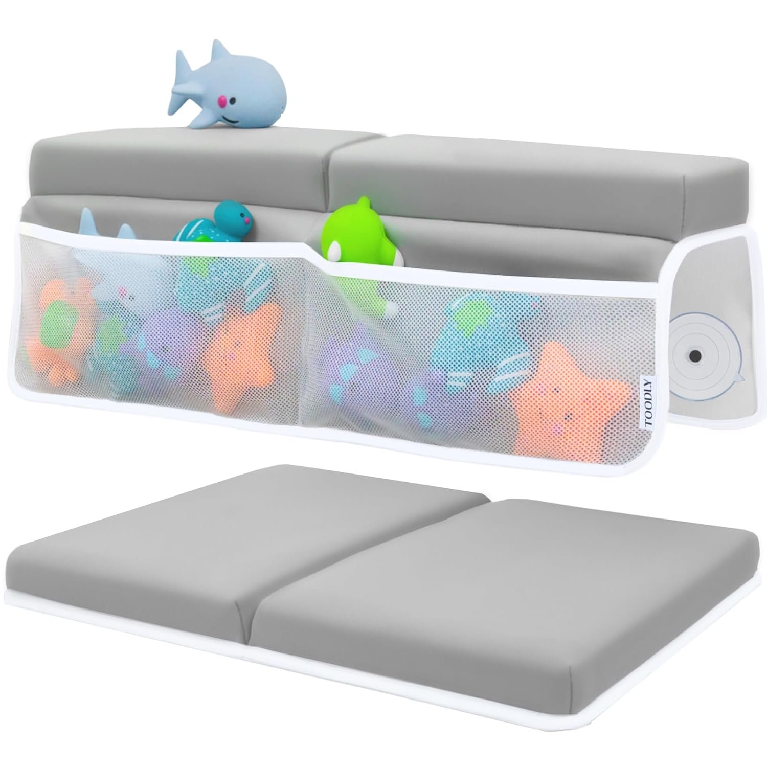 Comfortable Baby Bath Kneeler and Elbow Rest Pad Set – Thick Memory Foam Bath Kneeling Pad with Elbow Support – Baby Bathtub Cushion with Toy Organizer for Bathing Infant or Toddler – Grey