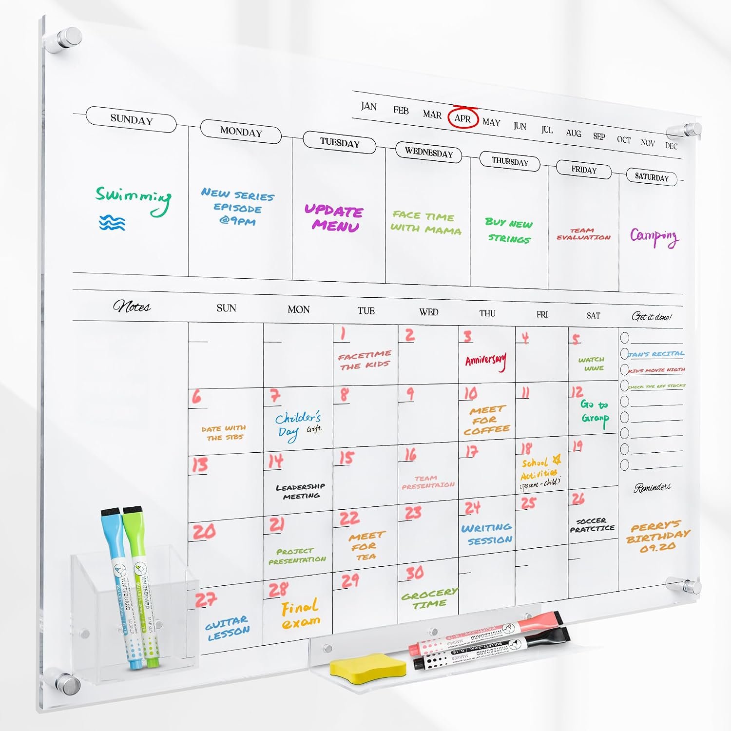 Acrylic Calendar for Wall – 24×18” Wall Calendar, Dry Erase Calender, Clear Calendar for Wall, Includes Magnetic Pen, Tray Holders, 4 Markers and 1 Eraser