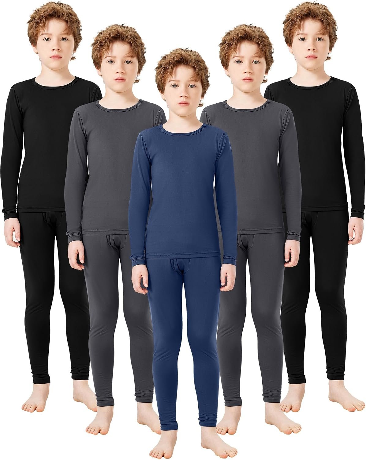 Silkfly 5 Set Thermal Underwear for Boys, Fleece Lined Long Underwear Kids Base Layer Top Bottom Winter Set