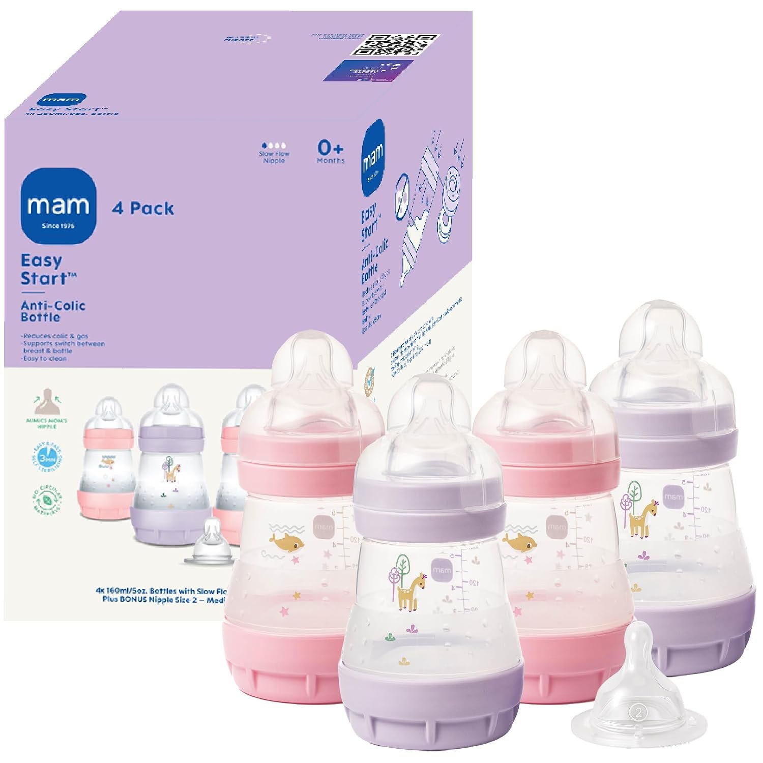 MAM 5oz Easy Start Anti-Colic+ Vented Baby Bottle, 0+ Month, 4 Pack, Girl | Slow Flow Breastfeeding-Like Nipple, Dual Anti-Colic Bottle Reduces Gas & Reflux, Easy Clean, BPA Free, Made In Europe