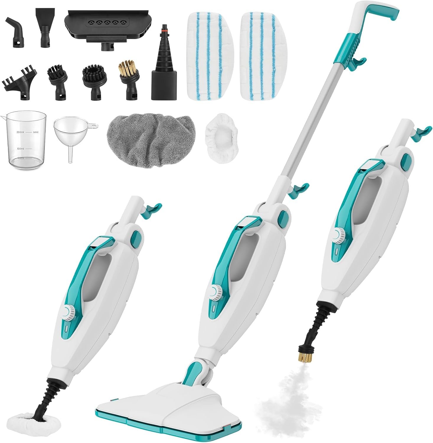 10-in-1 Steam Mop with Detachable Handheld Steam Cleaner, 350ML Tank for Floor Cleaning, 260°F Deep Cleaning, Multi-Purpose Steamer for Hardwood, Carpet, Tile, Car Accessories,Cyan