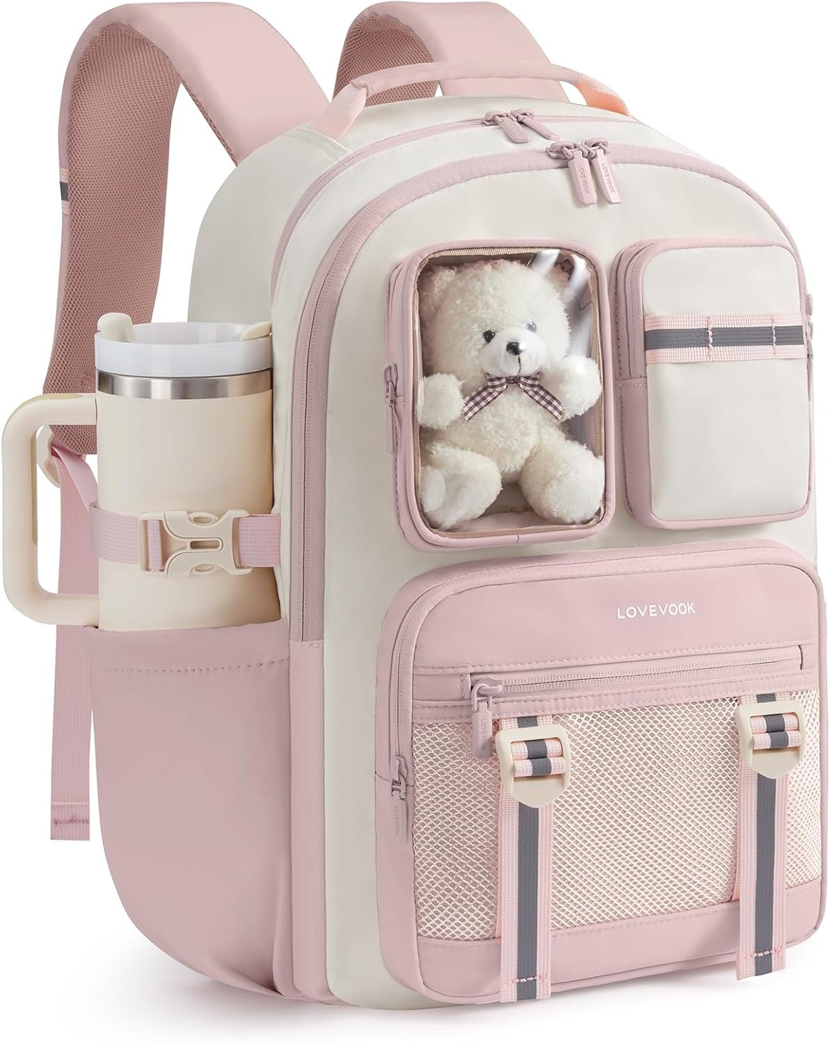 LOVEVOOK Cute School Backpack for Girls Ages 8-14, Bookbag with Plush Bear & Clear Display Pocket, Fits 15.6 Inch Laptop & 40oz Tumbler, Back to School Backpack for Elementary & Middle School