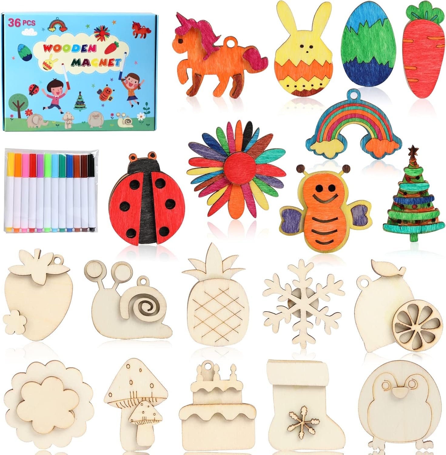 DIY Wooden Magnet 36 Art Craft Supplies Painting Kit for Kids Ages 4-8 8-12 | Party Favors for Boys Girls Birthday Easter Crafts Gifts Toys Basket Goodie Bag Stuffers