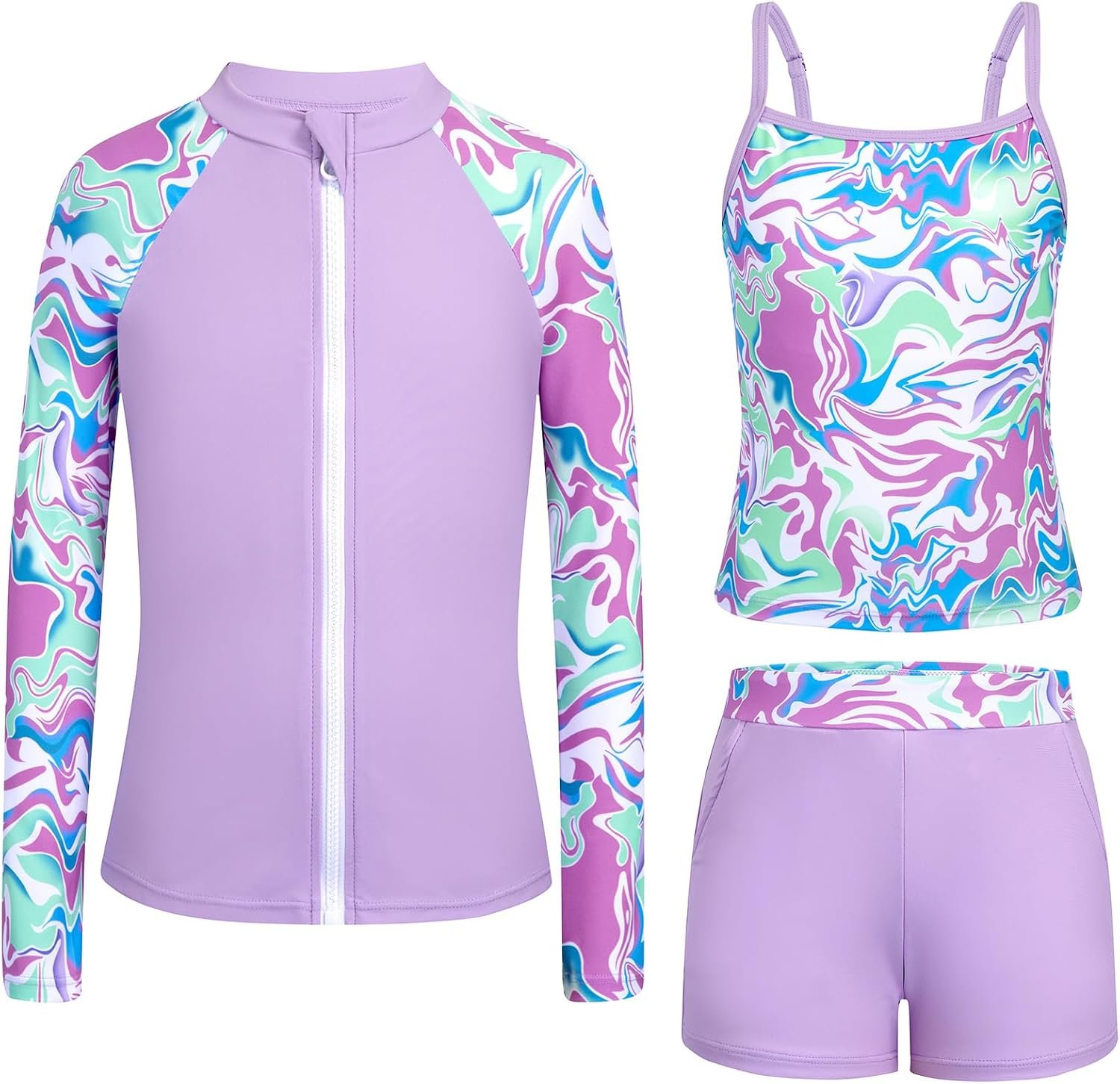 Rash Guard for Girls Long Sleeve 3 Piece Teens Swimsuits Zip Up Bathing Suit with Pockets Boyshorts (6-16Y)