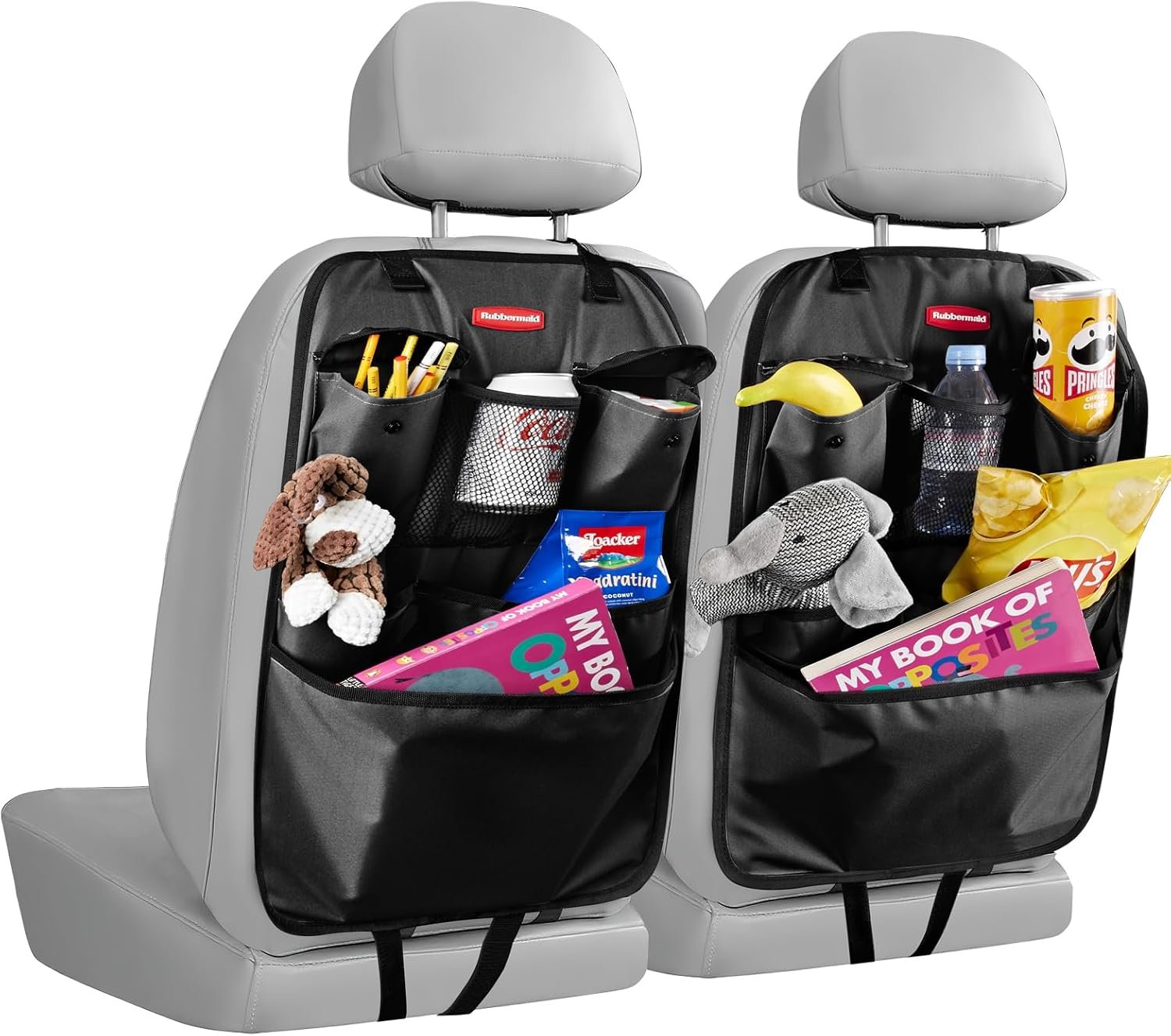 Rubbermaid Backseat Car Organizer, Kick Mats and Seat Back Protector, Car Organizer for Kids with 6 Storage Pockets, Travel Essentials for SUV, Truck, Car – 2 packs Black