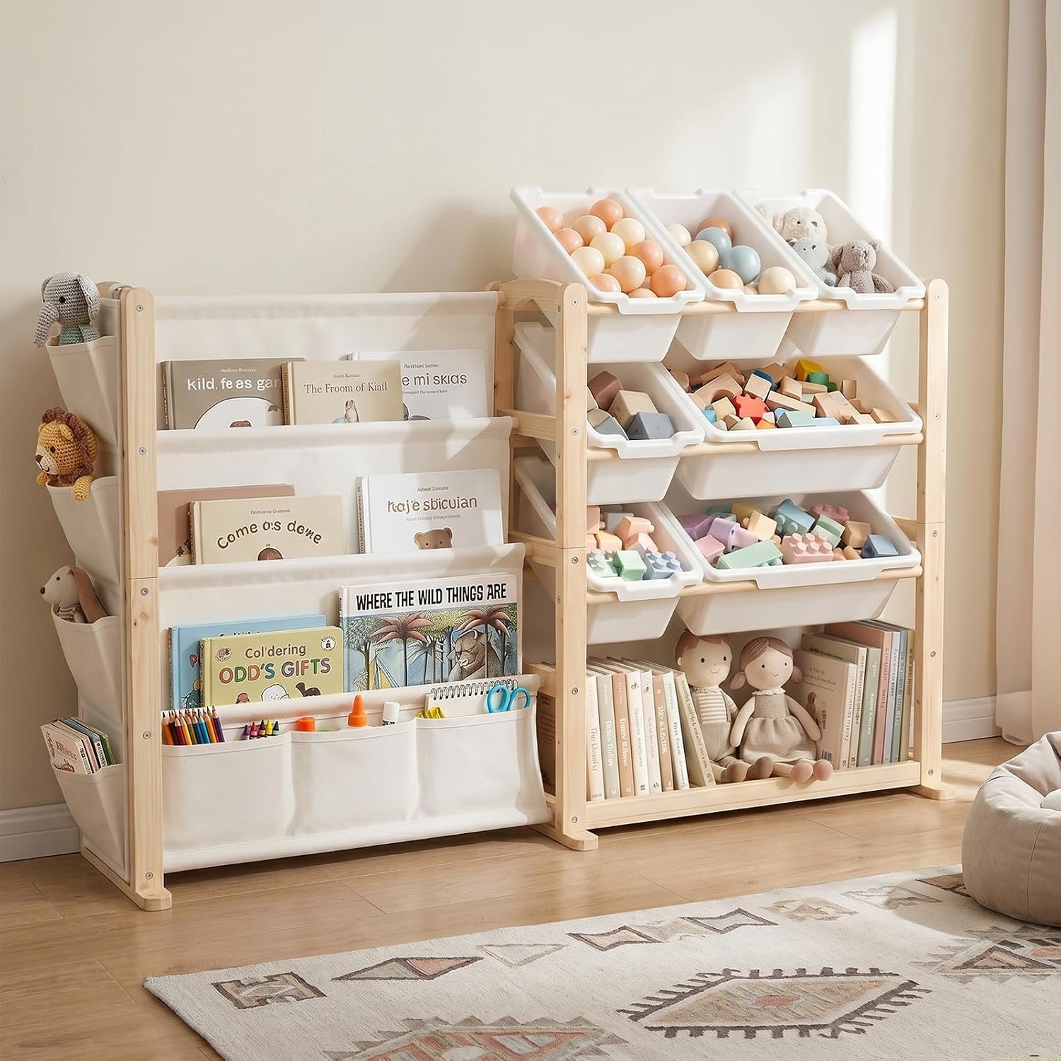 Fodoss Book Shelf for Kids Rooms – Toy Storage Organizer with Bookshelf, Solid Wood Kids Bookshelf with 7 Bins, Side Storage Pockets, Large Toy Organization for Nursery, Natural Pine