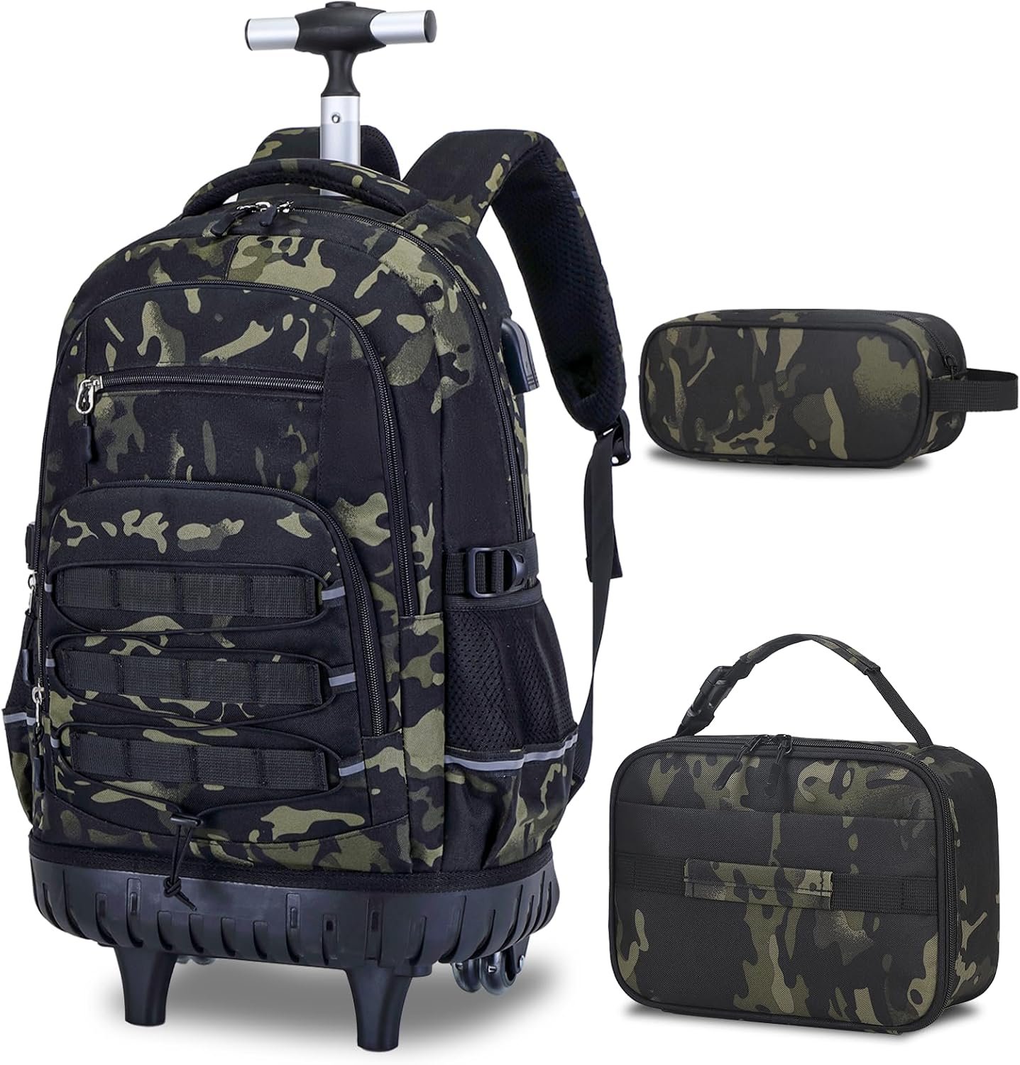ACESAK Camo Rolling Backpack Boys, Tactical Kids Backpack Boys, Kids Suitcase for Boy Teens Elementary Middle High School, Military Backpack with Wheels and Lunch Bag Pencil Case Set (Camo Black)