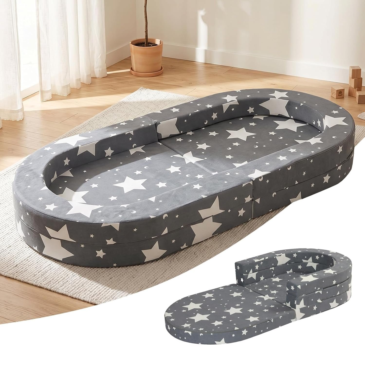 Travel Toddler Bed, 3-in-1 Portable Foldable Toddler Chair,Soft Foam Floor Bed Lounger with Washable Cover,Star
