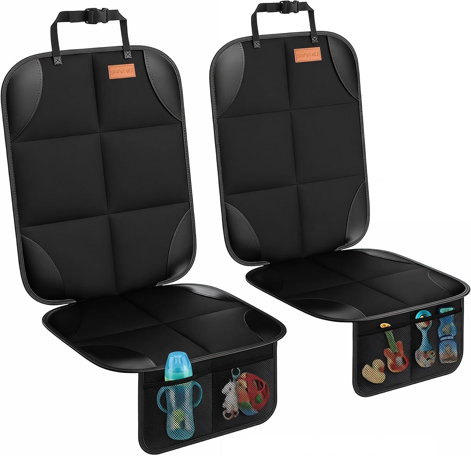 SMART ELF Car Seat Protector, 2Pack Seat Protector Protect Child Seats with Thickest Padding and Non-Slip Backing Mesh Pockets for Baby and Pet,Sedan SUV Truck (Black)