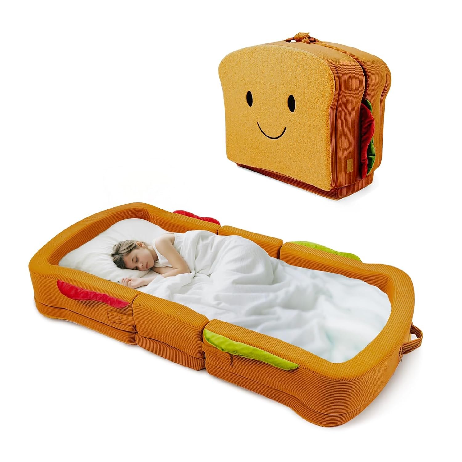 Toddler Travel Bed Sandwich Style – Portable Toddlers Floor Beds, Foldable Soft Foam Travel Crib for Baby and Kid, Washable Cover Toddler Cot with Safety Rail for Travel, Medium Size