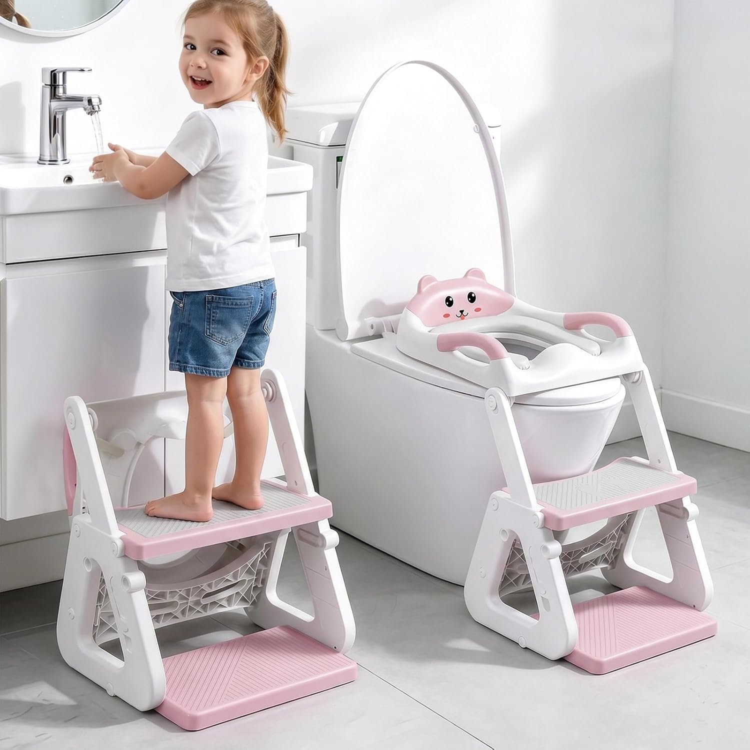 Orzbow Potty Training Seat with Step Stool, Toddler Toilet Seat with Ladder | 7 Height Adjustable, Splash Guard, Non-Slip Base, Handles, Stable Triangular Fits Most Toilets, For Kids Boys Girls, Pink