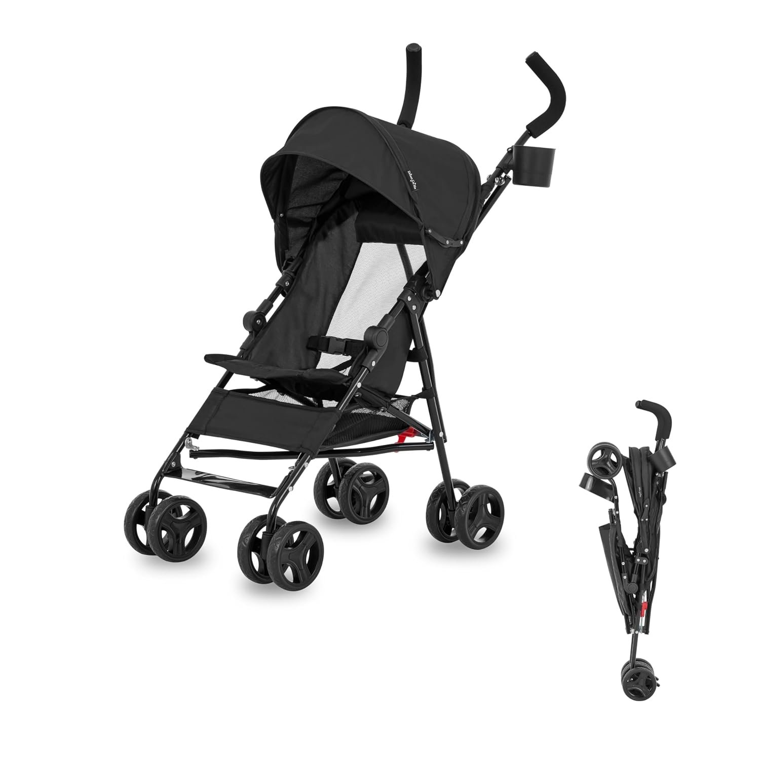 Dream On Me Rover Convenience Baby Stroller – Lightweight & Compact Travel Umbrella Stroller, Quick One-Hand Fold, Lockable Rear Wheels, Adjustable Canopy, 3-Point Safety Harness & Cup Holder – Black