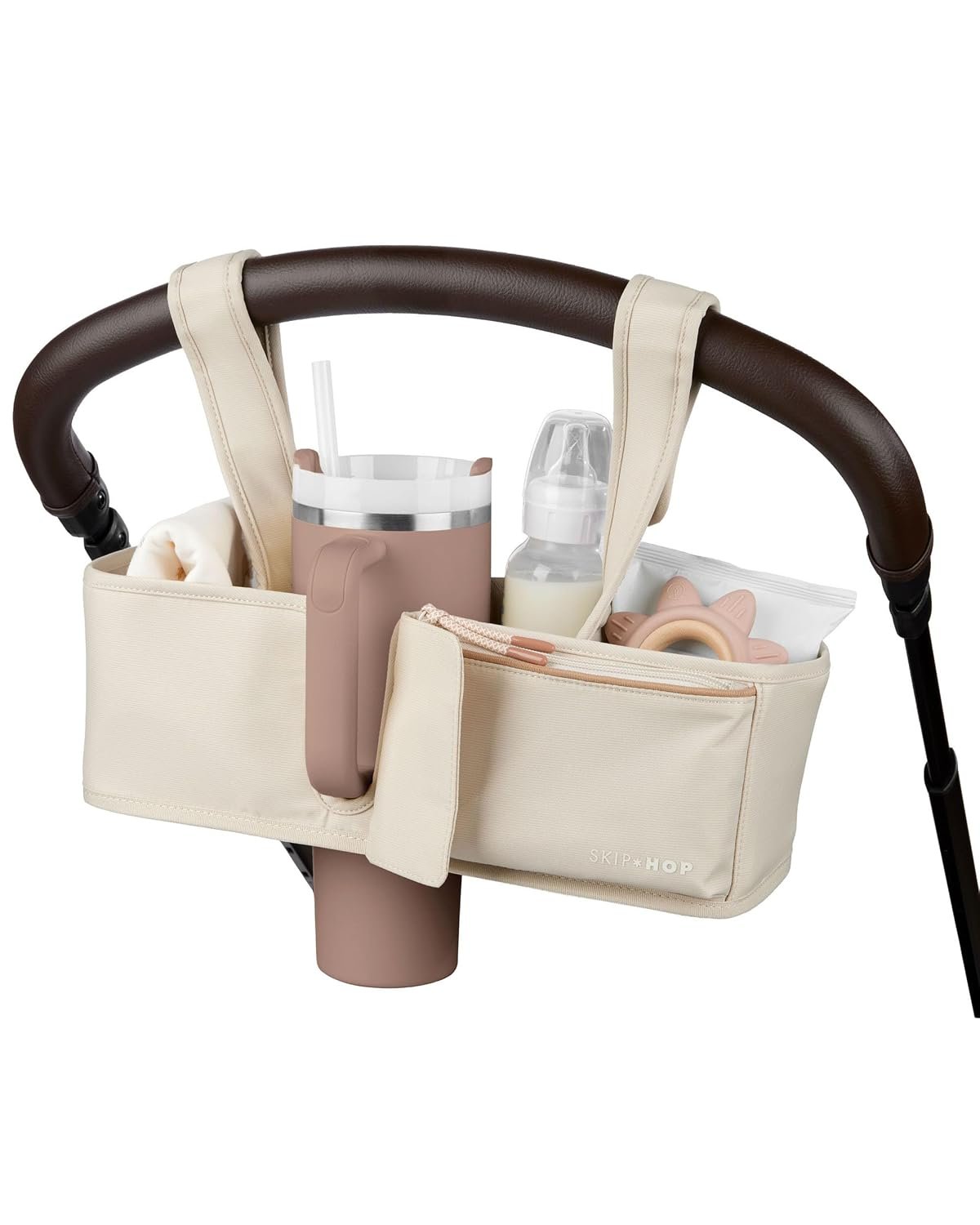 Skip Hop Ultimate Stroller Organizer Universal Fit with Adjustable Straps, Magnetic Flaps and Convertible Design that fits 40 oz. Tumblers, Oat