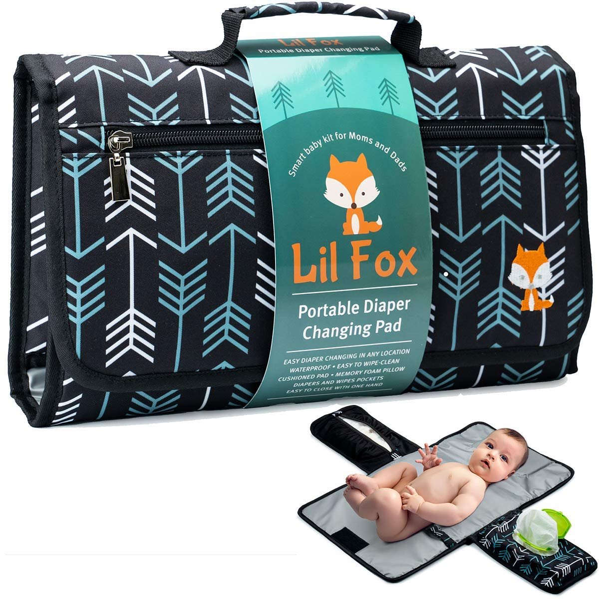 Lil Fox Portable Diaper Changing Pad – One-Hand Design – Green Arrows