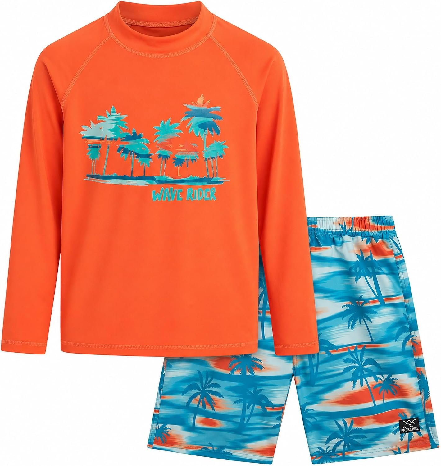 Big Chill Boys 2-Piece UPF 50+ Long Sleeve Rash Guard & Swim Trunks | Quick-Dry Sun Protection Youth Swimwear, Comfortable Beach and Pool Set for Sunny Vacation and Play Days