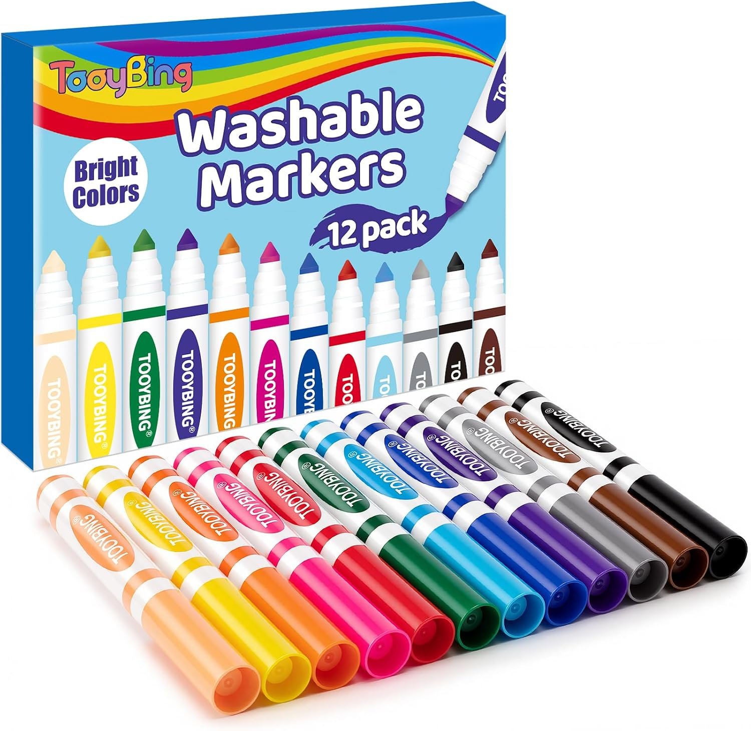 12 Count Washable Markers for Kids, Broad Line Markers with Conical Tip, Assorted Colors, Drawing Essentials for School Classroom, Student Teacher Must Have for Coloring Book, Art & Craft Supplies