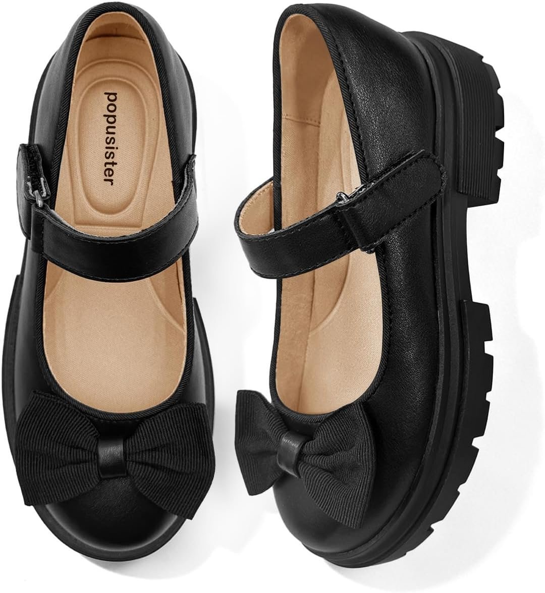 Toddler Mary Jane School Uniform Shoes Comfortable Girls Dress | Toddler Girl Mary Jane Back to School Shoes Soft Padded Bow Round Toe Dress Flats for Party Wedding