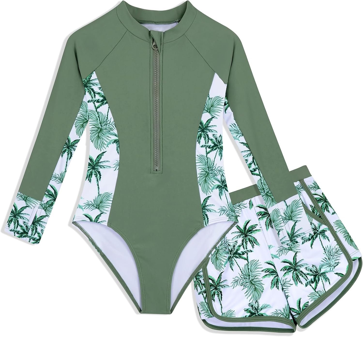 Girls Rash Guard Swimsuit 2 Piece Long Sleeve One Piece Bathing Suits with Swim Shorts Kids UPF 50+ Swimwear Sets 6-14 Years