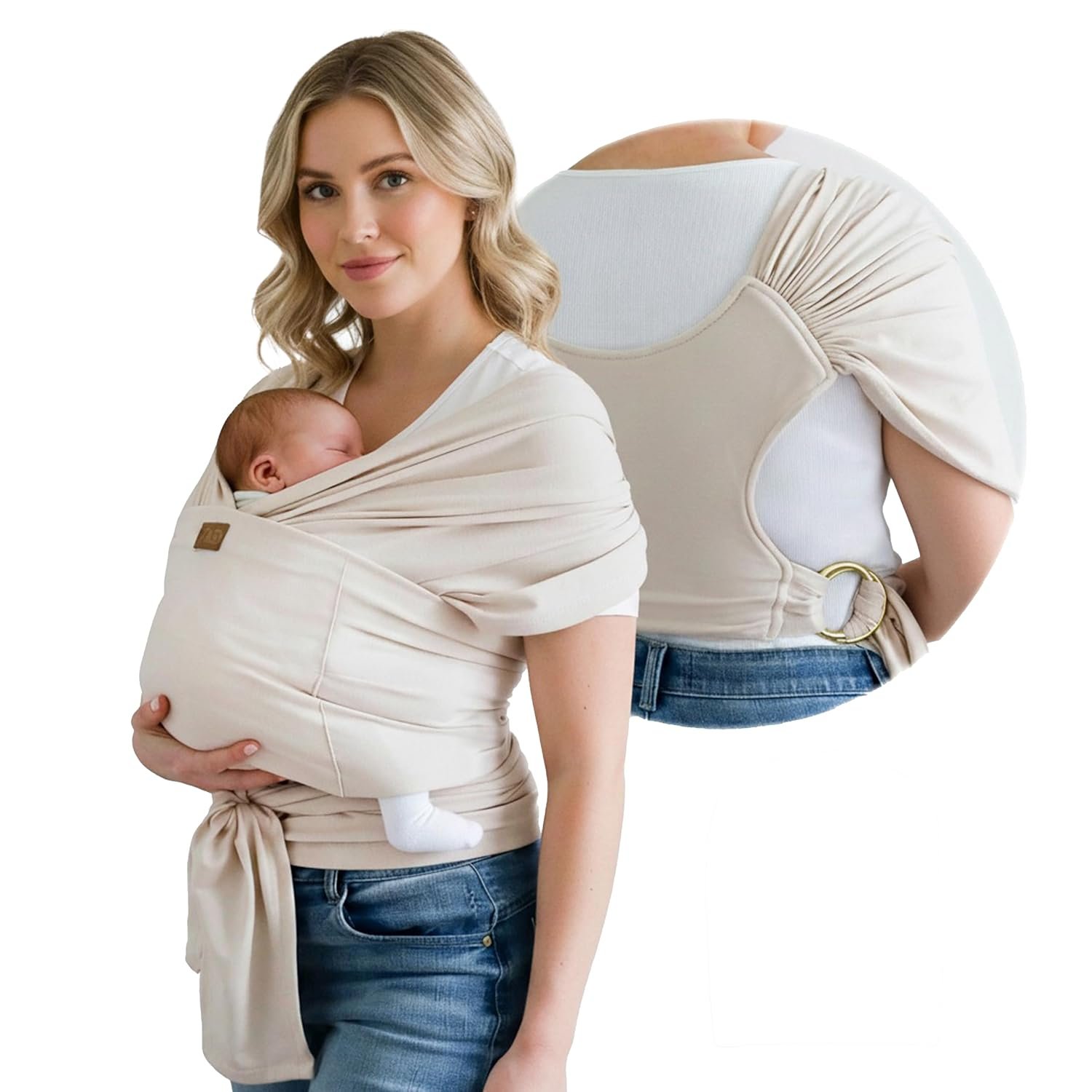 TAB Baby Wrap Ring Sling Carrier, Newborn to Toddler, Adjustable Ergonomic Design for Mom & Dad, Soft Breathable One-Handed Nursing Cover, Baby Shower & Registry Gift, Beige & Gold Rings