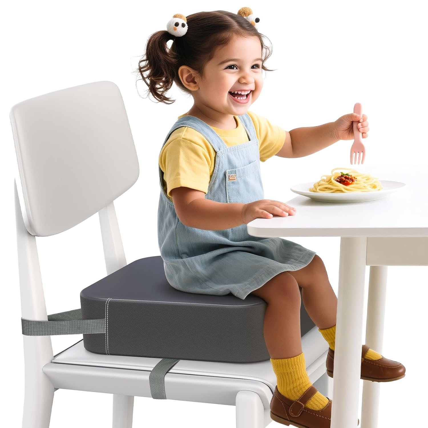 Booster Seat for Kitchen Chair – Toddler Booster Seats for Dining Table with 2 Secure Buckle Straps, PU Leather Booster Cushion Foam Chair for Baby Kids, Portable & Easy to Clean (Dark Grey)