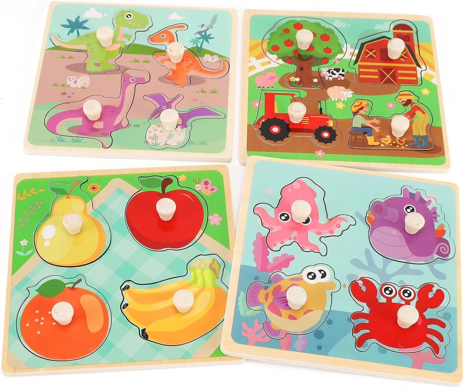 Wooden Peg Puzzles for Toddlers 1-3, Kids’ Educational Preschool Peg Puzzle Toy, Set of 4 Toddler Puzzles – Farm, Dinosaur, Fruit and Marine Animals, Ideal Gift for Ages 1 2 3 Boys and Girls