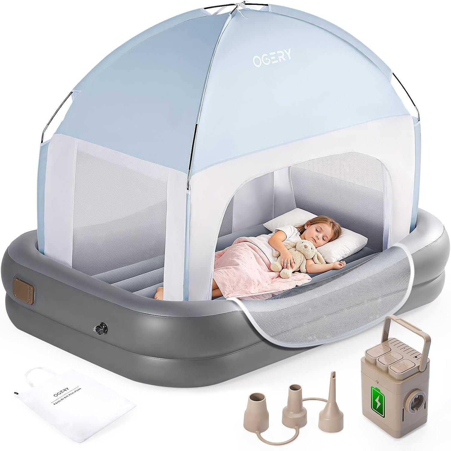 OGERY Inflatable Toddler Travel Bed with Tent, Rechargeable Pump | 4-Sided Safety Bumpers, Breathable Mesh Canopy, Portable Kids Air Mattress for Sleepovers, Home & Camping