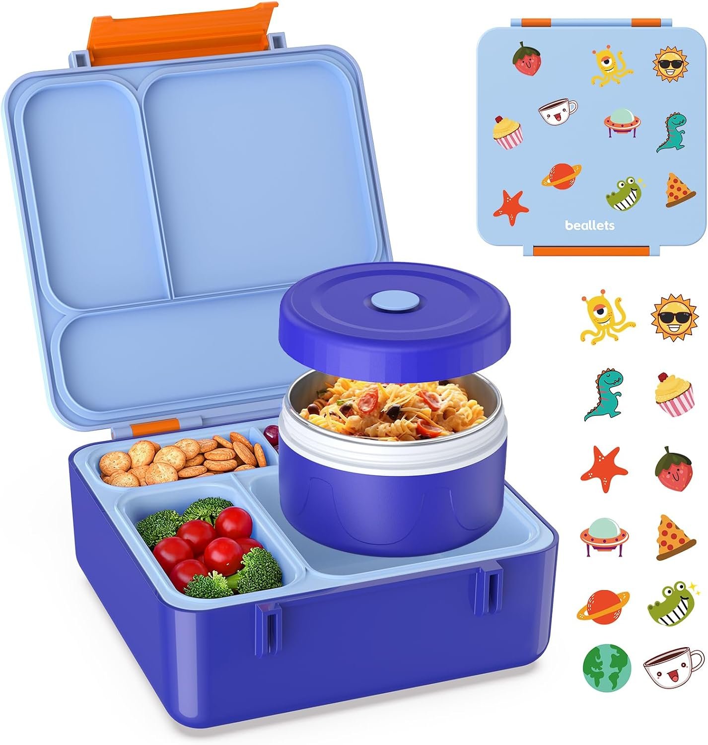 Bento Box for Kids, Lunch Box with Sticker for School | DIY Sticker Fun, Quick Lunch Packing, 4-Compartment Design, Insulated Food Jar, BPA-Free, Leak-Proof